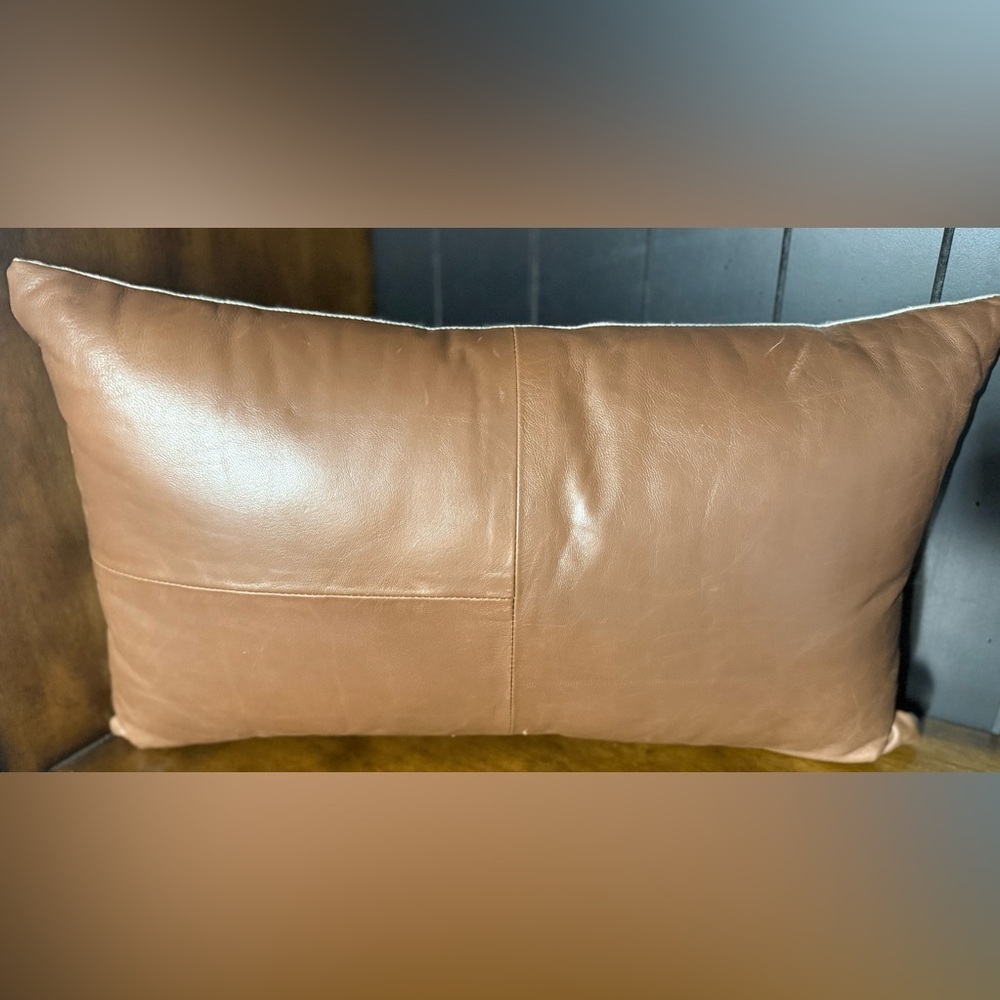 Brown Faux Leather Lumbar Throw Pillow 18x10 Rustic Farmhouse Accent